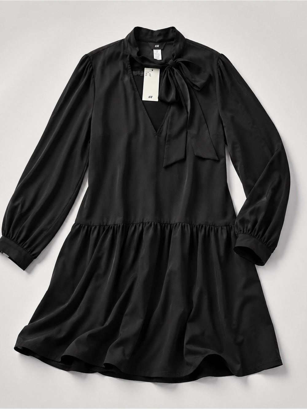 H&M Black Tie Neck Midi Dress XL Long Sleeve NWT